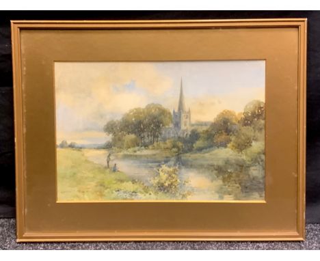 E**M**Miller (early 20th century)Fishing by the Village Churchsigned, watercolour, 28cm x 32cm 