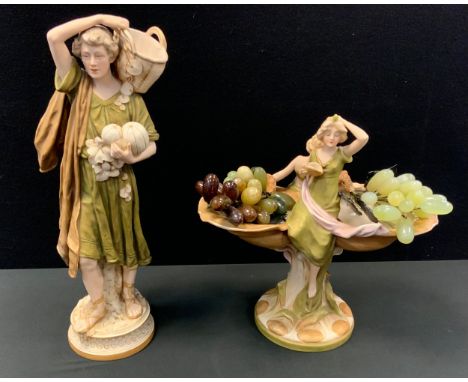 A Royal Dux figural centrepiece, of two maidens, standing with oversize shells, 35cm high, pink triangle mark, model n. 1587;
