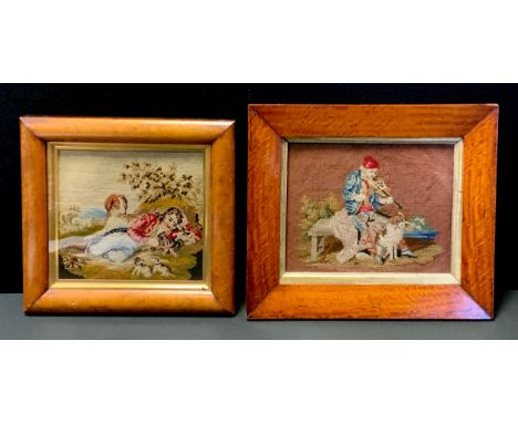 A Victorian needlework, embroidered with a man playing fiddle, 17cm x 2cm, maple frame;  another, of a child with dogs, 16.5c