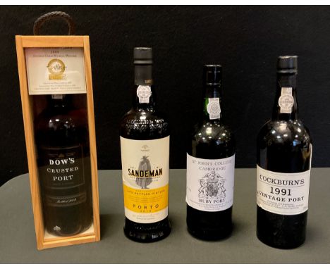 Cockburns 1991 vintage port, 75cl, 20% vol;   Dow's Crusted Port 2008, boxed;   St John's College Cambridge ruby port, 75cl; 