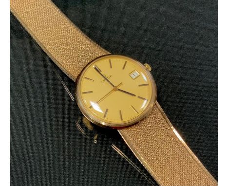 Omega - a 9ct gold bracelet wristwatch, gold dial, block baton markers, date aperture, minute track, centre seconds, Cal 1030