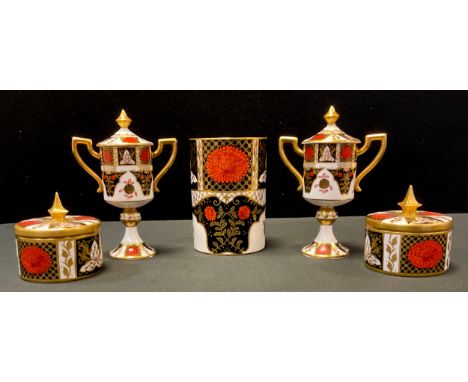 A pair of Abbeydale Chrysanthemum pattern two handled pedestal trophy cups and covers, 16.5cm high, printed marks;  a pair of