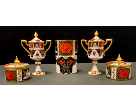 A pair of Abbeydale Chrysanthemum pattern two handled pedestal trophy cups and covers, 16.5cm high, printed marks;  a pair of