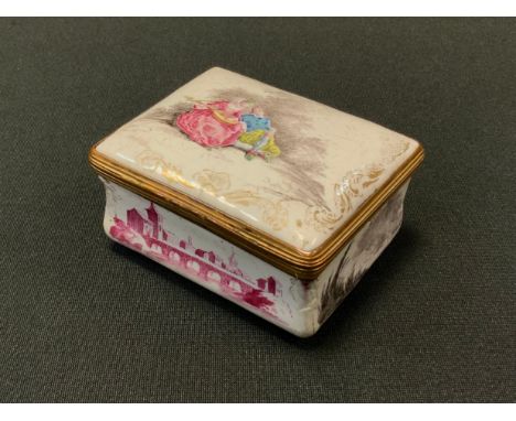 A George III South Staffordshire enamel table snuff box, hinged cover painted with a courting couple, the sides with topograp