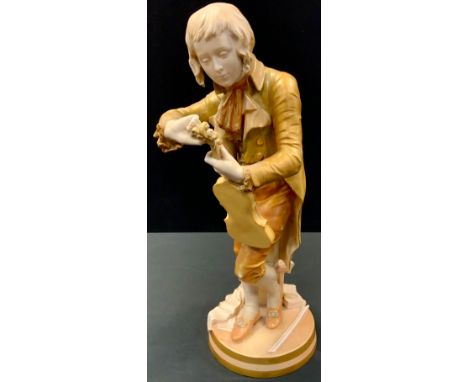 A large Royal Worcester figure, The Violinist/The Young Mozart, possibly modelled by Thomas Brock, standing tuning his instru