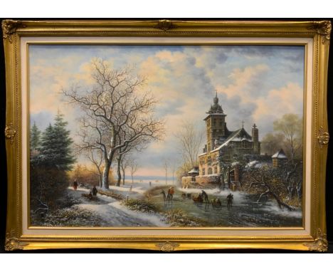 R Heimann, 20th century, Continental Snowy Riverscape with figures Skating the Frozen River, signed, oil on canvas, 60cm x 90