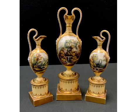 An English Porcelain pedestal ovoid garniture, possibly Chamberlain Worcester, the central vase painted with continental land