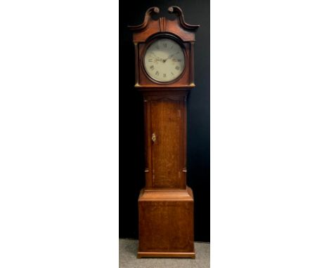 A 19th century oak long case clock, the 33cm circular painted dial with Roman numerals, and flower sprigs, 30-hour movement s