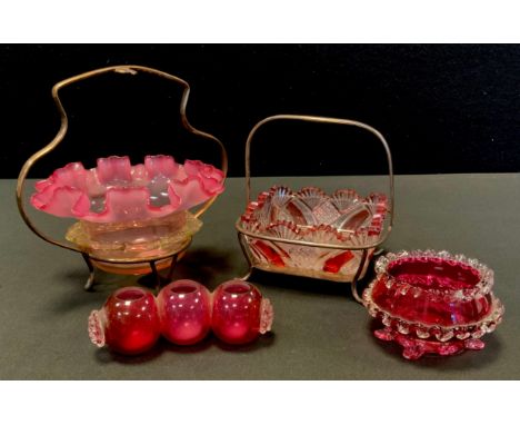 A Victorian cranberry glass sweetmeat fancy dish, clear glass printed frill, wirework stand, 13cm diam, c.1880;  another, rub