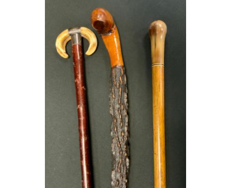 A Victorian silver mounted walking stick, double boar's tooth handle, 83cm long, London 1893;  others (3) 