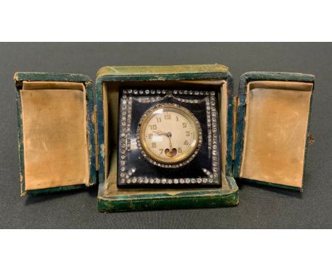A French faux tortoiseshell 'Heart Beat' square travel clock, set with brilliant cut stones,  Arabic numerals, 6cm high, case