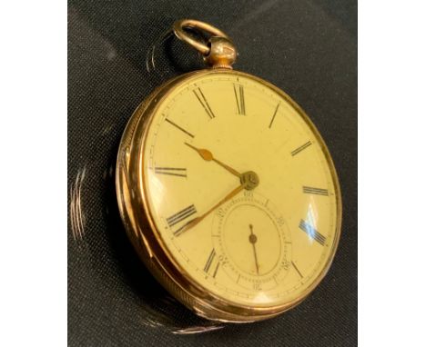 A Victorian 18ct gold open face pocket watch, L Sherwin, enamel dial, bold Roman numerals, subsidiary seconds, spade hands, f