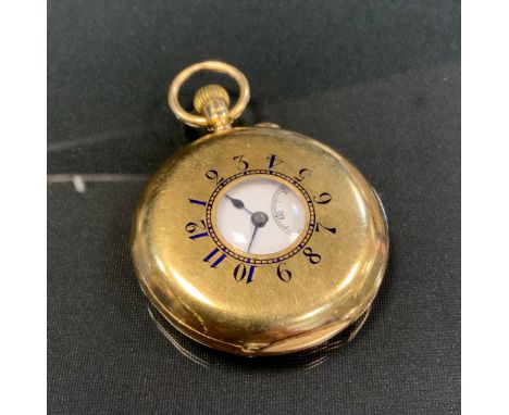 A George V 18ct gold cased half hunter pocket watch, white dial, bold Arabic numerals, minute track, subsidiary seconds, blue