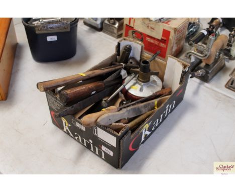 A quantity of tools including hammers, Blacksmiths instruments, spanners, drain testing plug etc.