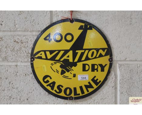 An enamel circular "400 Aviation Dry Gasoline" advertising sign, approx. 12" dia.