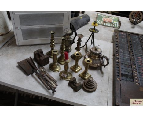 Two pairs of brass candlesticks, a plated teapot, weights, plated cutlery, coal shovel etc.