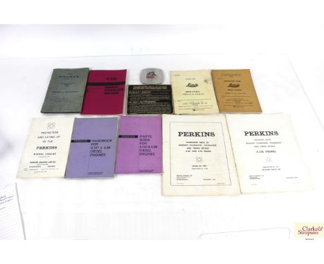 A 1955 Hillman Owners handbook, a handbook on Perkins Diesel engine, a Lister instruction book, A Ransoms T.I.M. beet harvest