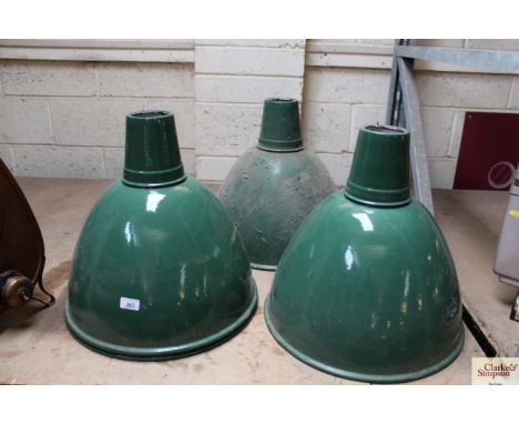 Four large green enamel lampshades
