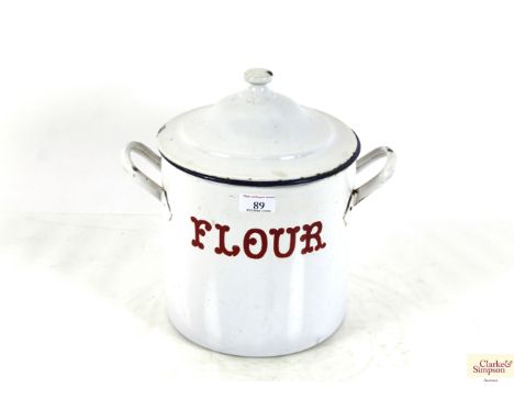 An enamel flour bin