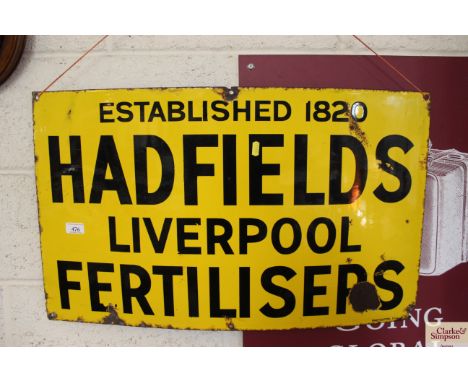 An enamel sign for "Hadfield's Liverpool fertilisers", approx. 18" x 30"