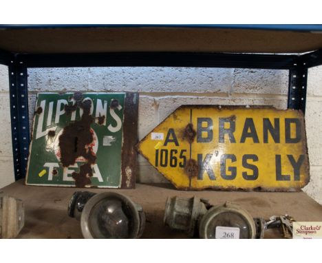 An enamel Liptons Tea sign AF, approx. 12" x 14" and an enamel part road sign for Brandon &amp; King's Lynn AF