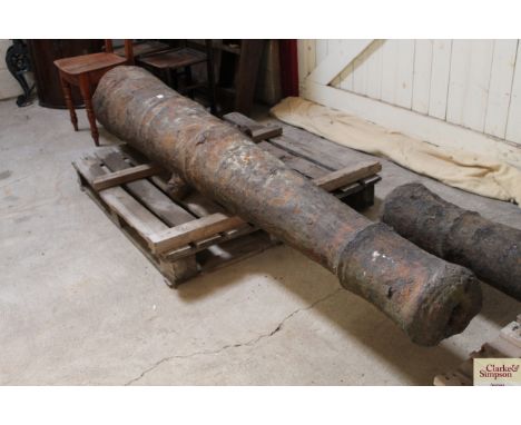 A large period cast cannon barrel. Measuring approximately 8ft 2in. Understood to have been dredged up from the Orwell Estuar