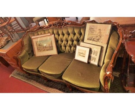 A mid 20th century Louis XV style sofa, with carved C-scroll decoration, having green upholstery, raised on cabriole legs, H.