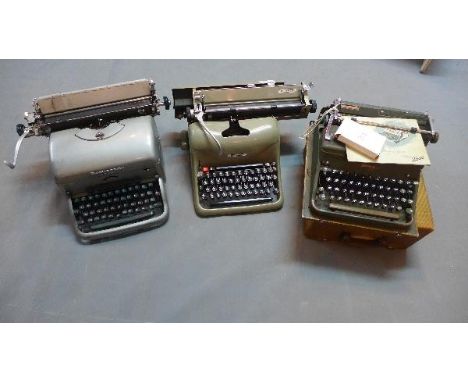 A vintage Remington Rand Noiseless typewriter, together with a vintage Olivetti typewriter, and a vintage Hermes 2000 typewri