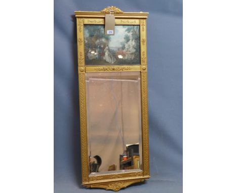 An early 20th century gilt wood pier mirror, with Classical inset print, above bevelled glass plate, 112 x 43cm 