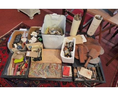 A collection of vintage paints, artist's boards, brushes and other sundry items 