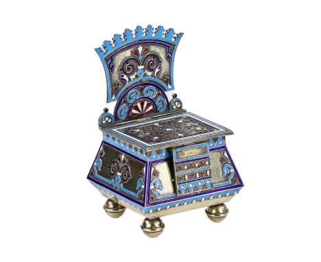 Silver cloisonne-enamel throne saltcellar. Strong geometry of the neo-Russian style, bears a bright and life-affirming blue e