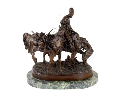 Bronze sculptural group Zaporizhzhya Cossack after the battle, modeled by Yevgeny Lansare, 1873. Depicts a Cossack weary of b