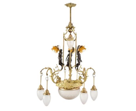 Bronze and gilded brass graceful Art Nouveau chandelier with Flora nymphs. With seven drop-shaped lamps, framed, effectively 