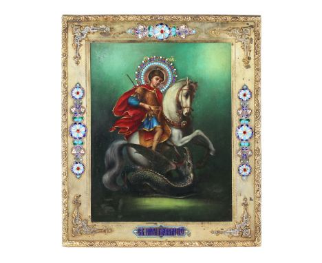 Icon of George the Victorious in a silver setting, with enamels of the 1st Moscow artel. Early 20th century. The saint is rep