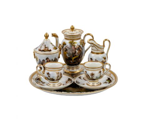 French tete-a-tete porcelain service Playing cards Includes: coffee pot, creamer, sugar bowl, 2 cups on a tray. Hallmarks: Th