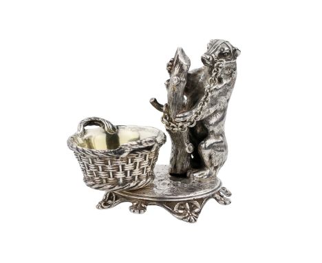 A witty silver salt-cellar with an image of a bear tied to a tree trunk by a chain, Grachev`s workshop, mark of master Johan 