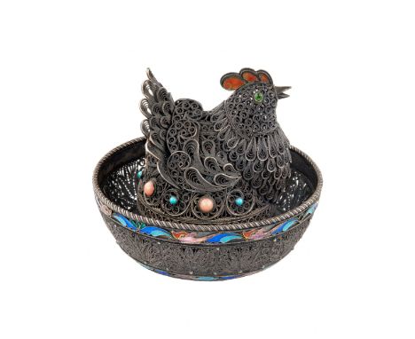 Easter poacher made of silver with enamel. Silver tested with acid. Filigree work with filigree. Removable form. Cover in the