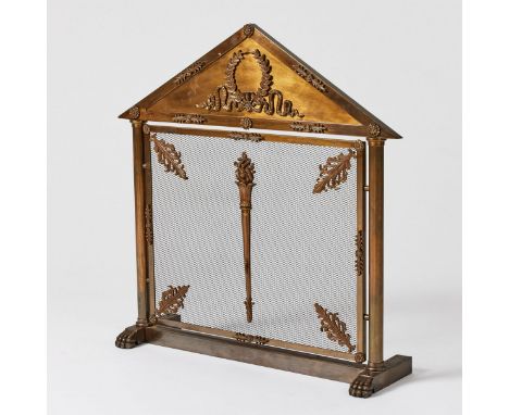 Empire style brass and bronze fireplace screen. Acts as an architectural backstage for the hearth. With a triangular pediment