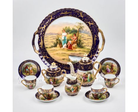 Cobalt, coffee service with mythological painting, consisting of a tray, a sugar bowl, a milk jug, a coffee pot and four cups