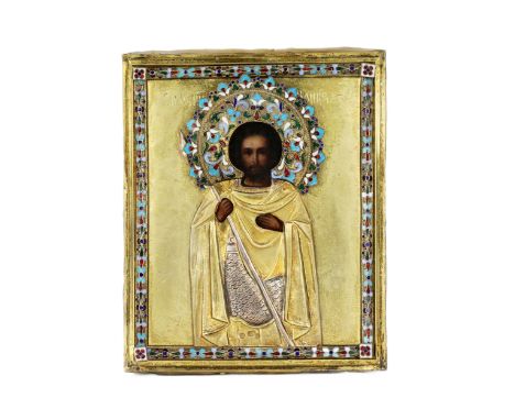 Moscow icon in a gilded silver setting and cloisonne enamels of John the Warrior. 1899-1908 Demonstrates a generational image