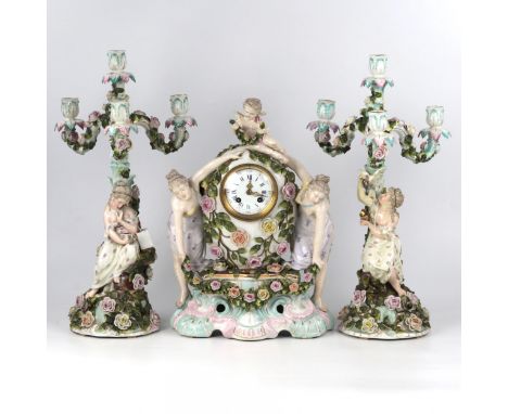 Porcelain watch set with candelabra. Sietzendorf. Germany. 1880 Watch size: 43 x 31 x 15 cm; Candelabra - 51 x 30 cm . Consis