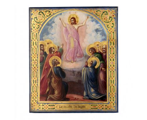 Icon of the Ascension of the Lord at the turn of the 19th and 20th centuries. One of the central scenes of Christianity is pe