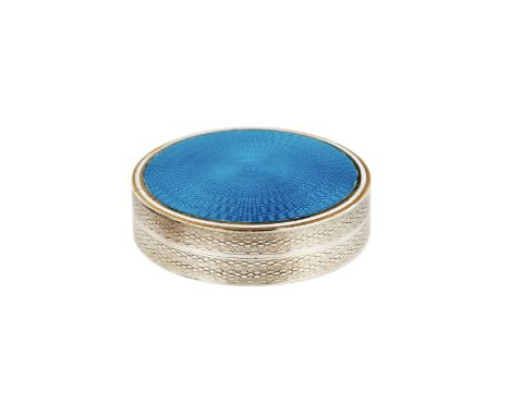 French, silver mussel, round shape with a blue guilloche enamel lid. 925 sterling silver, Minerva`s head in an octagon. 20th 