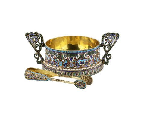 Silver, Russian sugar bowl complete with tongs, made at the beginning of the 20th century. Silver, gilding and cloisonne enam