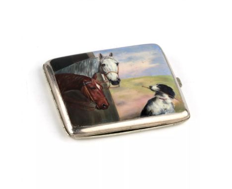 A metal, exit cigarette case with an enamel image of horses and a dog. Two bridled horses look out of the stable, waiting for