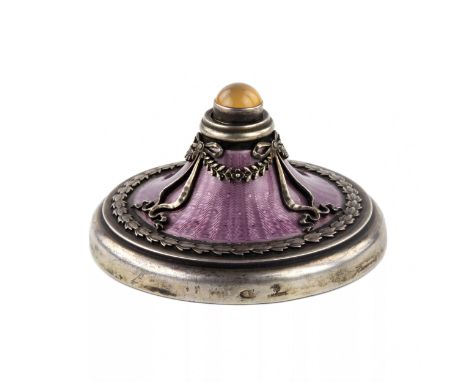 An adorable item from Carl Faberge. Silver table bell, with guilloche enamel, cone-shaped and semi-precious stone button. Rea