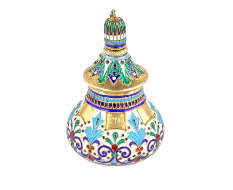 Table lighter with silver gilding and cloisonne enamel. Russia, Moscow, Antip I. Kuzmichev, circa 1880/90. The bulbous body o