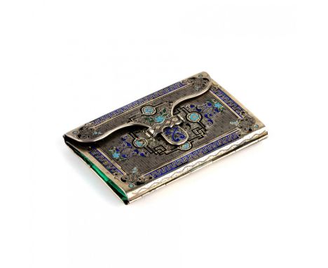 Silver wallet-card holder with enamel, in the form of a folder with an original clasp. The elegant piece is decorated with ch