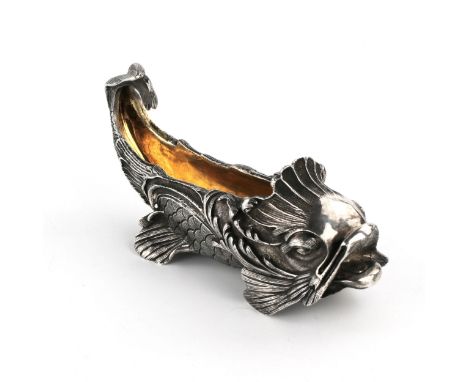 Magnificent Russian, silver, caviar serving bowl, in the shape of a beautiful fish, with natural carvings on scales and fins,