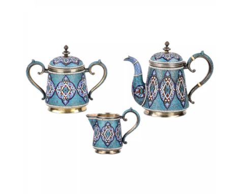 Magic, silver, tea service with enamels, Gustav Klingert. Combines: kettle, sugar bowl and creamer. It sounds like flaming tu